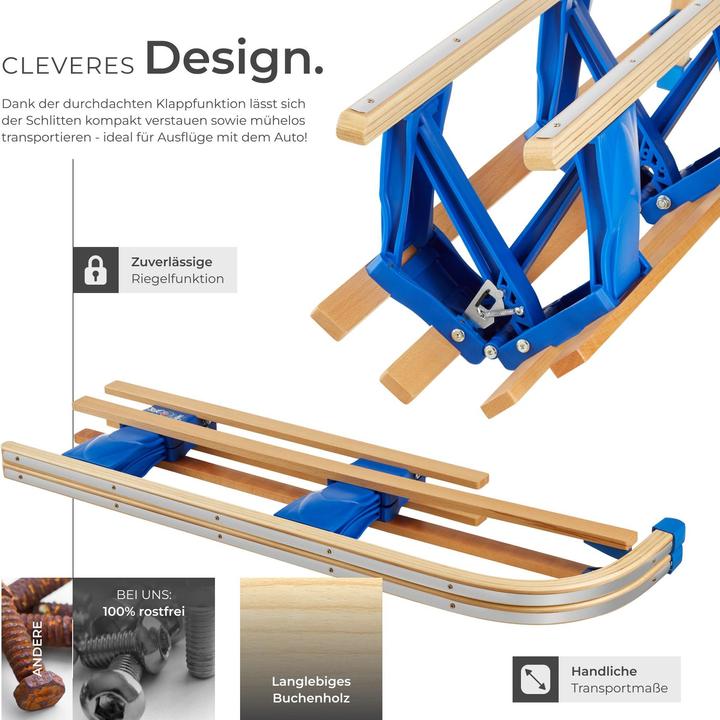 Actual product image tectake Folding wooden sled Jeffrey with pull rope, snowball tongs