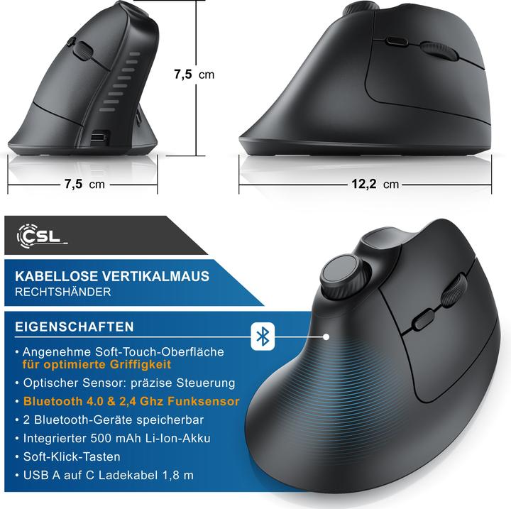 Image du produit CSL Souris verticale sans fil, 2,4 GHz sans fil & BT4.0, 250 dpi, contre le bras de la souris / tennis (Sans fil)