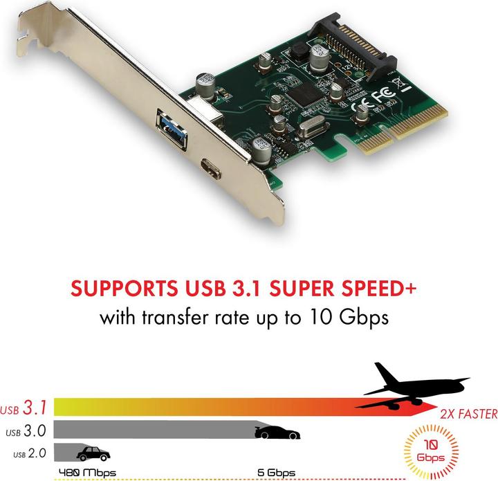 Produktbild i-tec PCI-E USB 3.1 Gen.2 10 Gbps Card Adapter auf 1x externes USB-A 3.1 1x externes USB-C 3.1, 1x zusa...