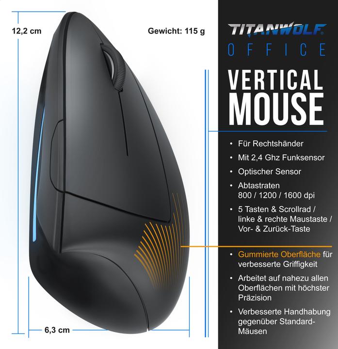 Produktbild Titanwolf Maus Vertikal wireless - ergonomische Funk Vertikalmaus 2,4 Ghz - USB Vertical Mouse - Funkmaus (Kabellos)