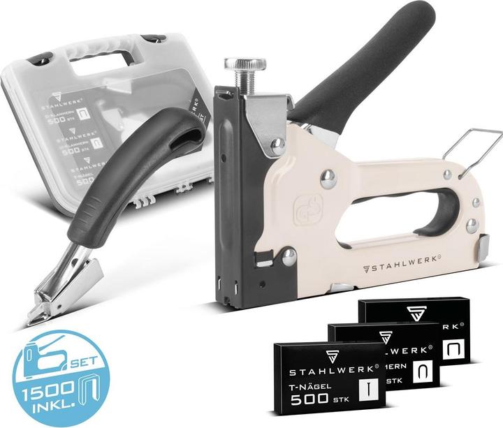 Immagine prodotto Stahlwerk Set di pinzatrici manuali con rimuovi graffe + 1500 graffe e chiodi