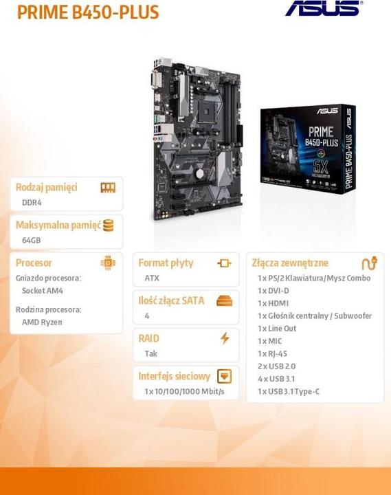 Productafbeelding ASUS Prime B450-Plus (AM4, AMD B450, ATX)