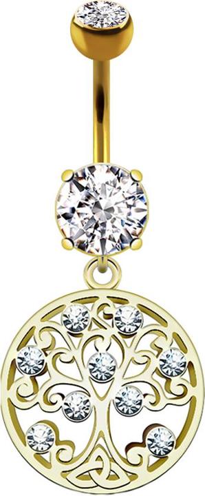 Produktbild Star Piercing Banane 14k vergoldet mit zwei Kugeln Kristall silber Anhänger rund Lebendbaum (Messing, Chirurgenstahl 316L)
