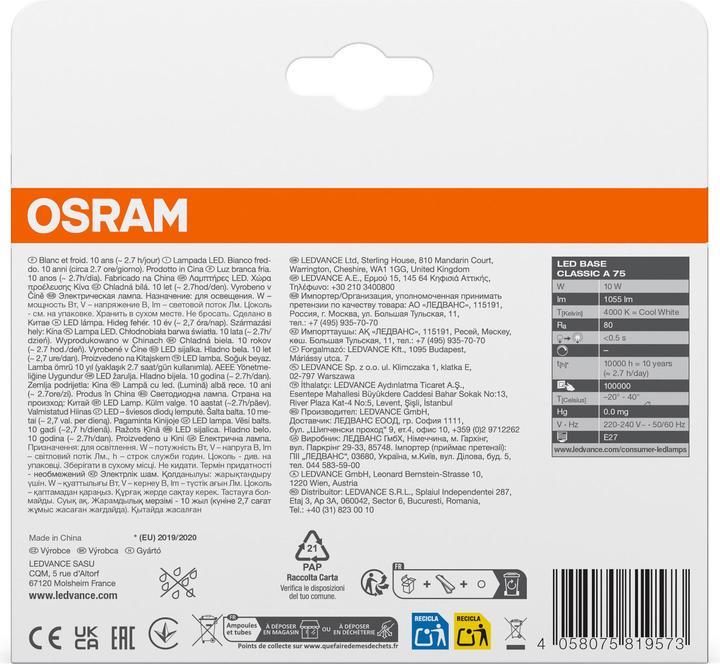 Produktbild Osram Led Base Classic A (E27, 10.50 W, 1060 lm, 3 x, F)