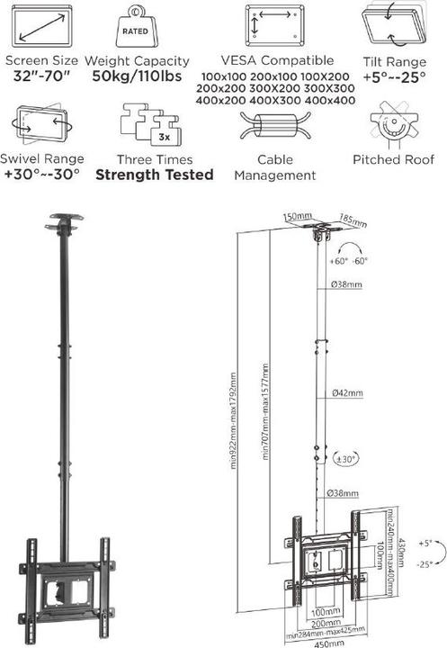 Produktbild equip TV Decken Haengehalterung (Decke, 70", 50 kg)