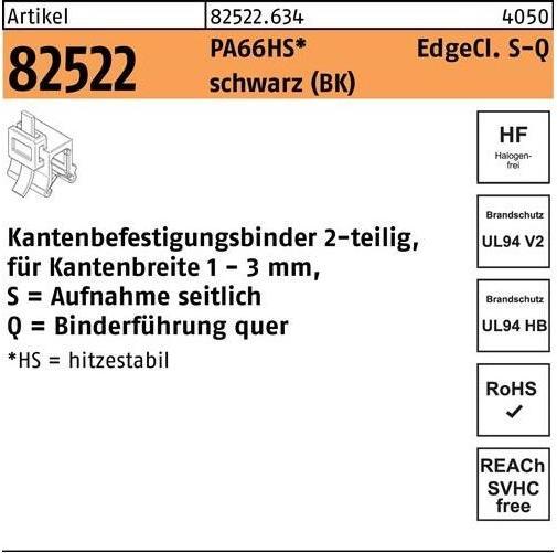 Produktbild HellermannTyton Befestigungsbinder R 82522 m.Edgeclip 3,6 x 150/33 PA66HS schwarz (Befestigungsschlaufen, 150 mm, 500 Stk.)