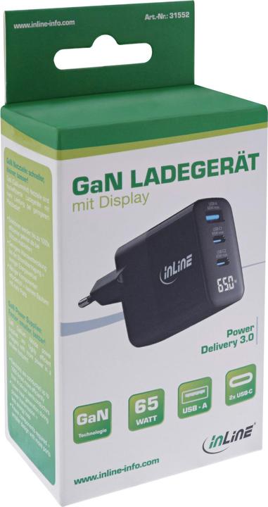 Actual product image InLine USB PD power supply, GaN charger, 3-port, USB-C + USB-A, 65W, with display, black (65 W)