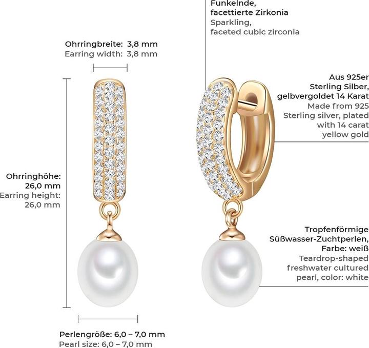 Produktbild Valero Pearls Damen Sterling Silber Zirkonia Süsswasser-Zuchtperle gelbgold - 11874 (Sterling Silber)