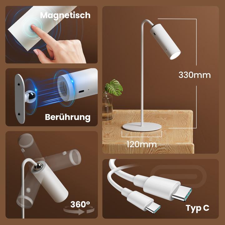 Produktbild Emke LED-Tischleuchte kabellos, 6-in-1, dimmbar, Touch-LED, weiss, 3 Farbmodi, magnetische Wandleuchte