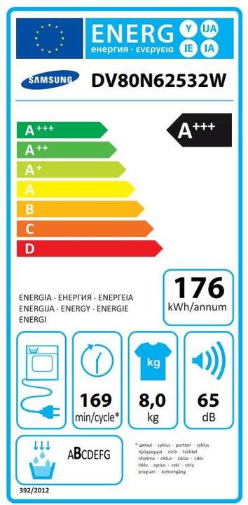 Label énergétique Samsung Dv80n62532w/Ws (8 kg, Droite)