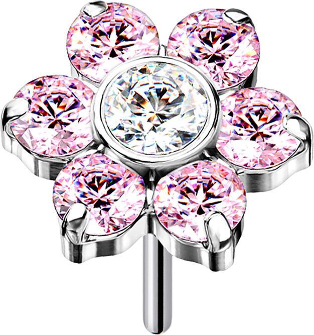 Star Piercing Threadless silber Blume Kristalle pink (ohne Messing, Titan G23)