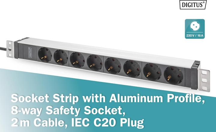 Produktbild Digitus Steckdosenleiste mit Aluminiumprofil, 8-fach Schutzkontaktsteckdose, 2 m Zuleitung, IEC C20 Stecker