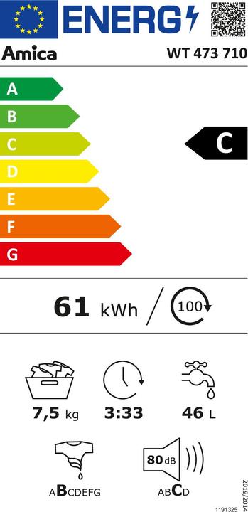 Energie-Label Amica Toplader Waschmaschine WT 473 710 Fassungsvermögen 7.5 kg 1300 U/min (7.50 kg, Unten)