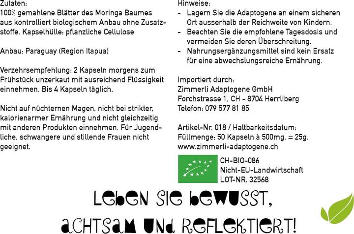 Nährwerte und Zutaten Zimmerli Adaptogene Moringa Kapseln (BIO) 50 Kapseln (1 Stück, Kapseln, 25 g)