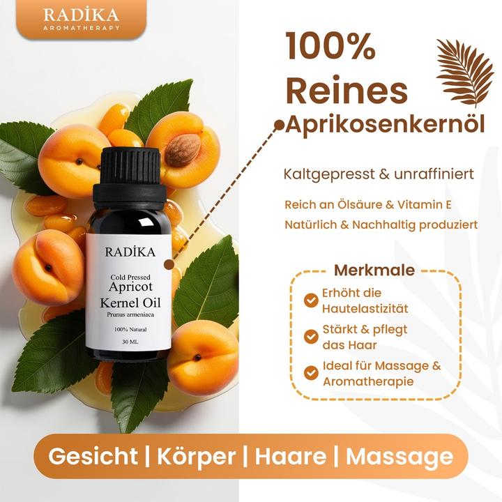 Produktbild Radika Aprikosenkernöl, Kaltgepresst, 100% Rein, BIO, natürlich, 30 ml (Körperöl, 30 ml)