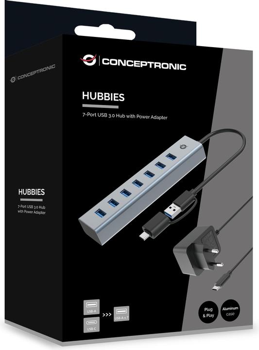 Actual product image Conceptronic USB hub 7-Port 3.0 ->7x3.0 5Gbps incl. PW.adapter (USB-A, 7 Ports)