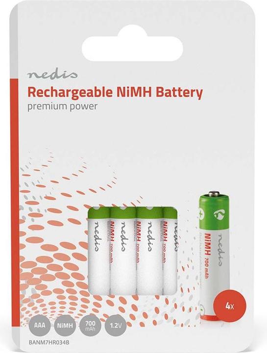Produktbild Nedis Wiederaufladbarer NI-MH-Akku AAA 1.20 V AAA 700 mAh vorgeladen Blister 4 Stück, BANM7HR034B (4 Stk., AAA, 700 mAh)