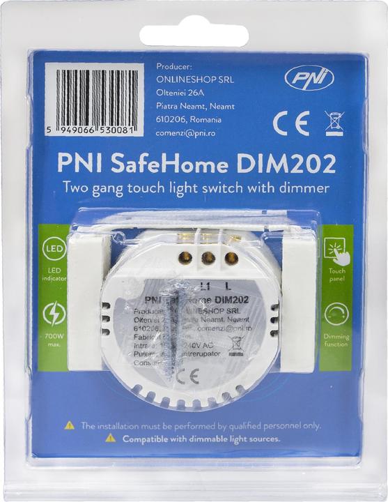 Actual product image PNI Double switch with touch and dimmer SafeHome DIM202, 2X700W, Live Wire, without zero, glass