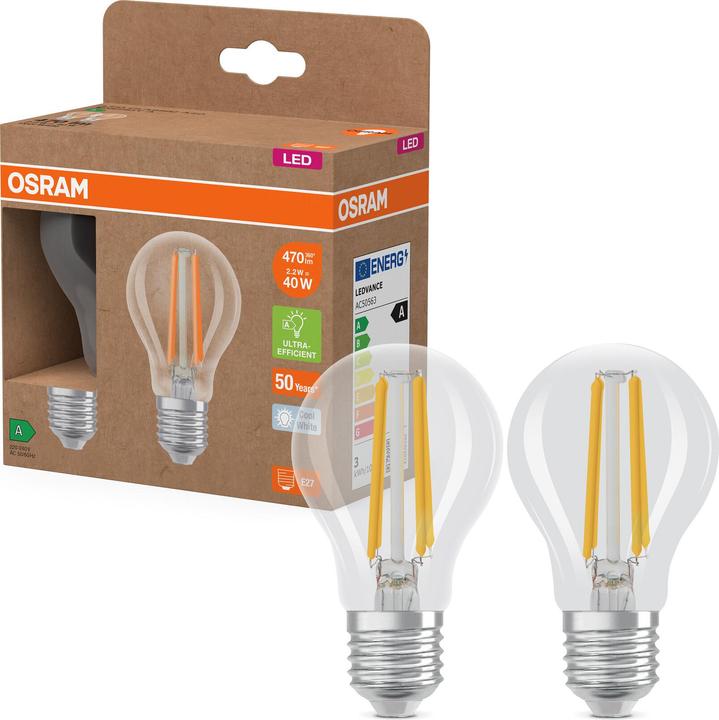 Produktbild Osram LED LAMPS ENERGY CLASS A ENERGY EFFICIENCY FILAMENT CLASSIC A 2.2W 840 Clear E27 (E27, 2.20 W, 470 lm, 6 x, A)
