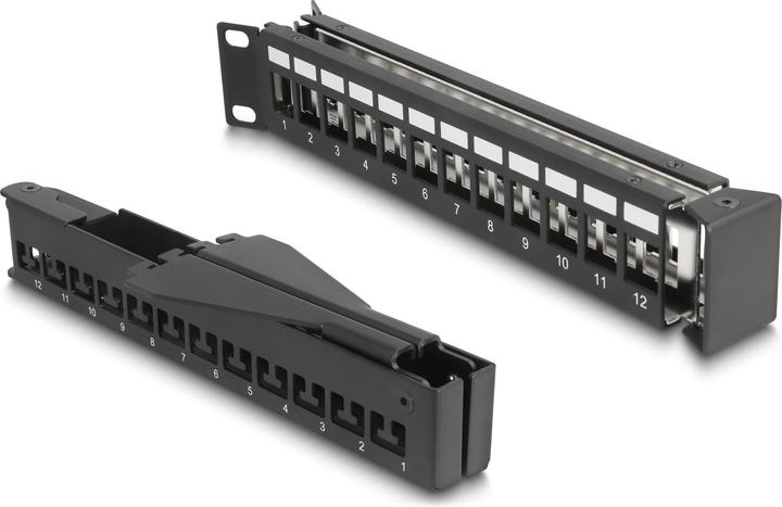 Image du produit Delock 48,30cm (19") Panneau de brassage Keystone 24 ports avec rail de décharge 1U en angle noir