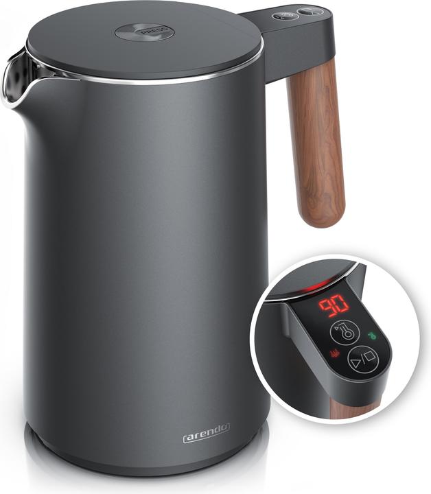 Arendo Wasserkocher 1,5 L Edelstahl, Temperatureinstellung, Warmhaltefunktion, Griff in Holzoptik, 2200 W (1.50 l)