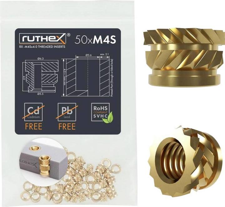 Actual product image Ruthex M4 Gewindeeinsatz SHORT - 50 Stück RX-M4Sx4.0 Gewindebuchsen aus Messing
