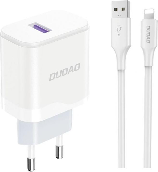 Actual product image Dudao A20EU USB-A 18W wall charger - white + USB-A - Lightning cable (18 W)