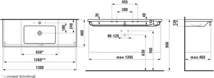 Actual product image Laufen Living Square washbasin, 1 tap hole, with overflow, 1300x480, can be cut on one side up to 97 (1387 mm, 235 mm)