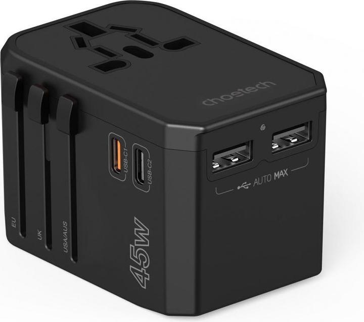 Productafbeelding Choetech PD6045 USB-C USB-A 45W GaN Reisoplader met US EU UK AU Stekkers - Zwart (45 W)