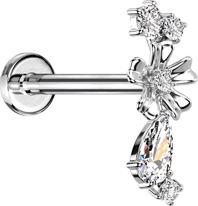 Actual product image Star Piercing Micro Labret internal thread silver flower four crystals and crystal pot silver (Surgical steel 316L, Brass)