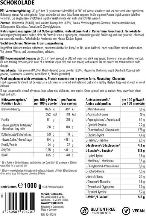 Nährwerte und Zutaten My Supps 100% Rice Protein (1000g Beutel) (Schoko)