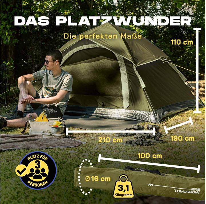 Produktbild Where Tomorrow Wurfzelt 3 Personen - Grün, Anzahl Personen: 3 (Wurfzelt, 3.10 kg, 3 Personen)