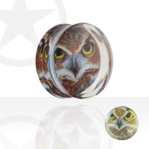 Actual product image Star Piercing Flared plug transparent with owl (without brass, Surgical steel 316L)