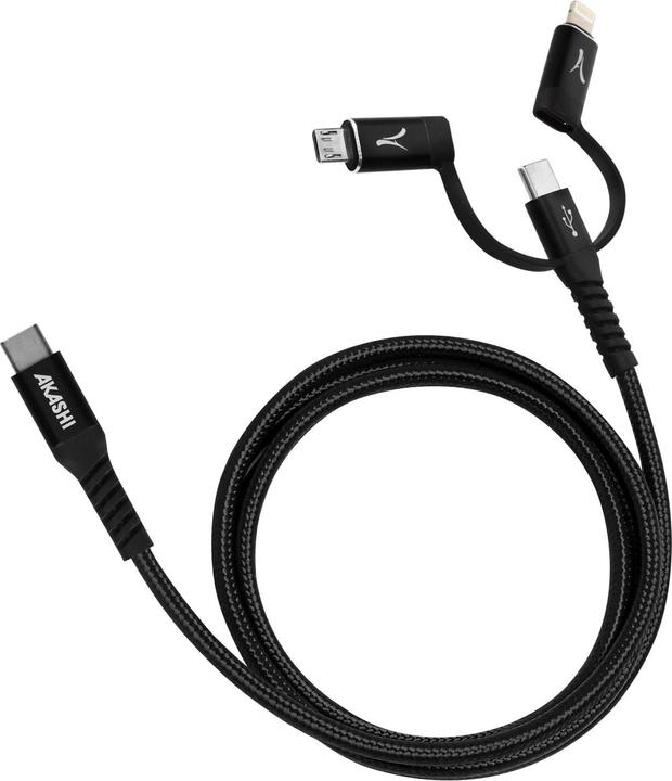 Image du produit Akashi Câble de charge et de synchronisation 3 en 1 3A, longueur 1m, - Noir (0.10 m, USB 3.2 Gen 1)