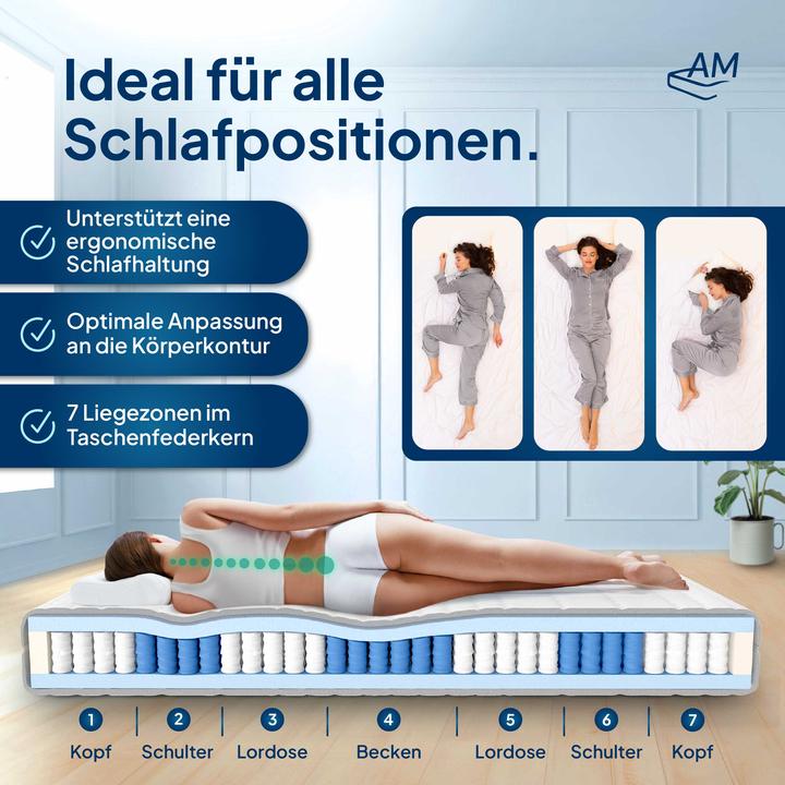 Produktbild AM Qualitätsmatratzen Orthopädischer 7-Zonen Taschenfederkern (140 x 180 cm, Federkern)