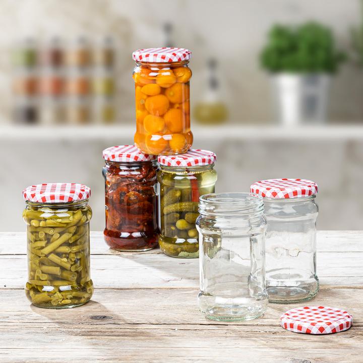 Produktbild Casativo 12er-Set Einmachgläser mit Schraubdeckel und Karo-Muster, 6 x 210 ml und 6 x 315 ml (12 Stk., 0.32 l)