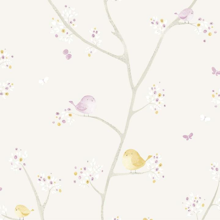 Produktbild Casadeco My Little World Stoff Vögelchen lila grau lime