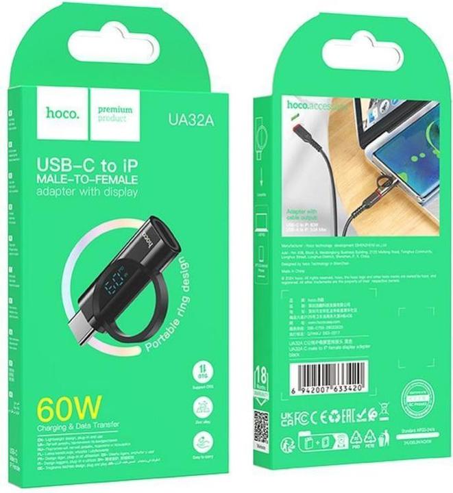 Produktbild Hoco Cable adapter Type C (male) to Lightning (female) with digital display 3A 60W UA32A black (Lightning, USB-A)