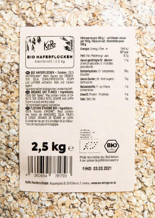 Nährwerte und Zutaten KoRo Bio Haferflocken (2500 g)