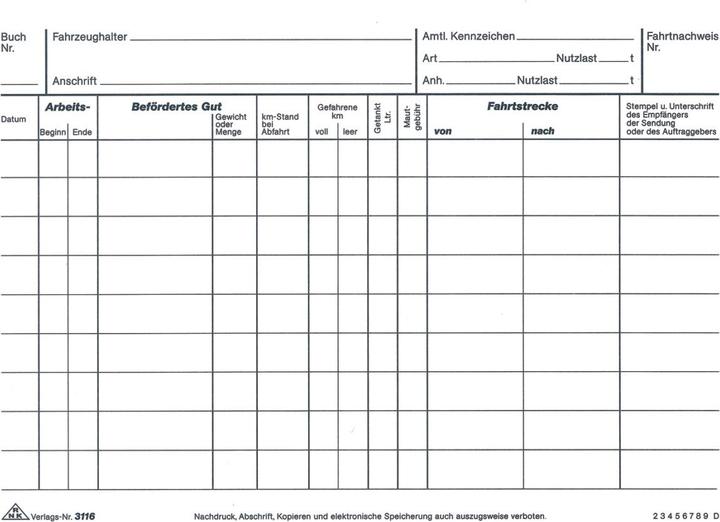 Nährwerte und Zutaten Rnk Verlag Fahrtenbuch, Lkw mit Kraftstoffverbrauch Formularbuch 3116 (25 x)