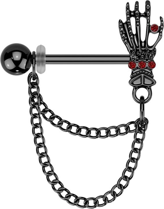Produktbild Star Piercing Barbell schwarz mit Kugel und Skeletthand Kristalle rot Anhänger zwei Ketten rechts (Chirurgenstahl 316L, Messing)