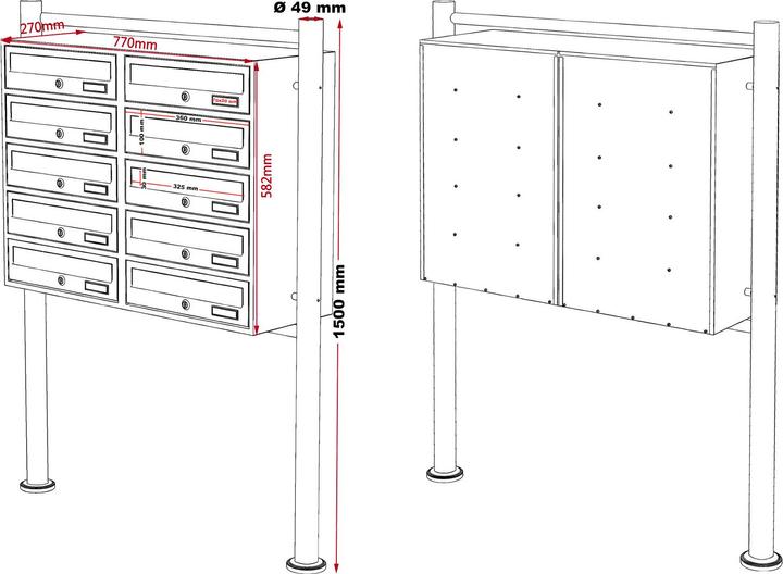 Produktbild Wiltec 10er Briefkastenanlage Anthrazit/Weiss 898x270x1500 mm Standbriefkasten