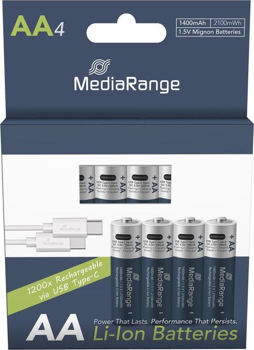 Produktbild MediaRange Rechargeable USB-C (4 Stk., AA, 1400 mAh)