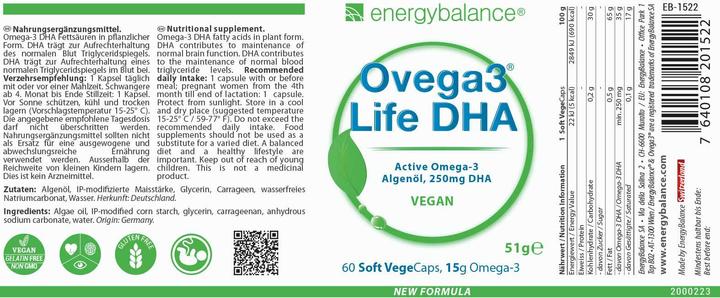 Nutritional values and ingredients Energybalance Ovega3 life DHA algae oil capsules (60 Piece, Capsules, 51 g)