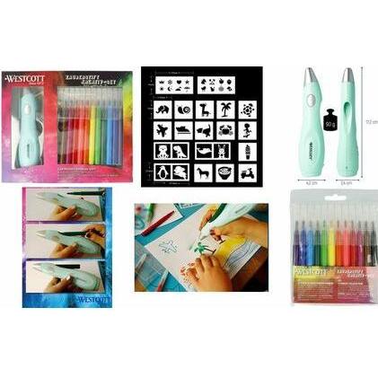 Set Aerografo Per Bambini Westcott - Penna Elettrica Con 12 Pennarelli E 19 Stencil, Ricaricabile USB, Divertimento Creativo - Foto 7