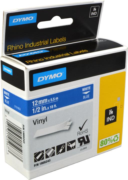 Actual product image Dymo Rhino 12mm white on blue vinyl (1.20 cm, Blue)
