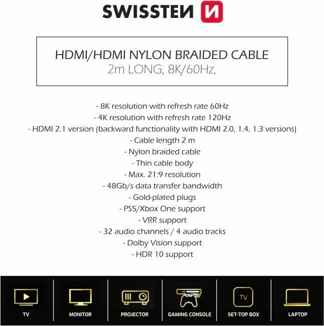 Immagine prodotto Swissten Cavo HDMI a HDMI 8K 60Hz 2.0 M (2 m, HDMI)