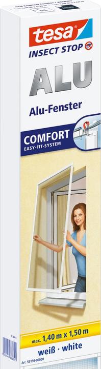 Produktbild tesa Insektenschutz Alu COMFORT für Fenster, mit Rahmen aus Aluminium, ohne Bohren (140 x 150 cm)