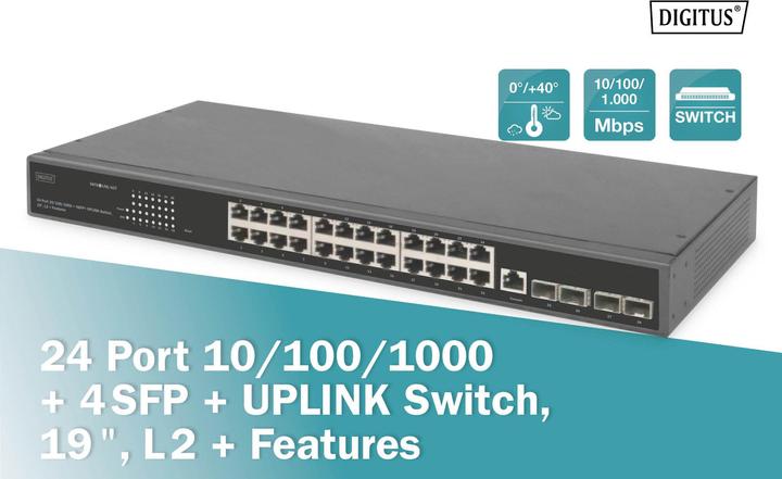 Produktbild Digitus 24 Port 10/100/1000 + 4SFP+ UPLINK Switch, 19", L2+ Features (24 Ports)