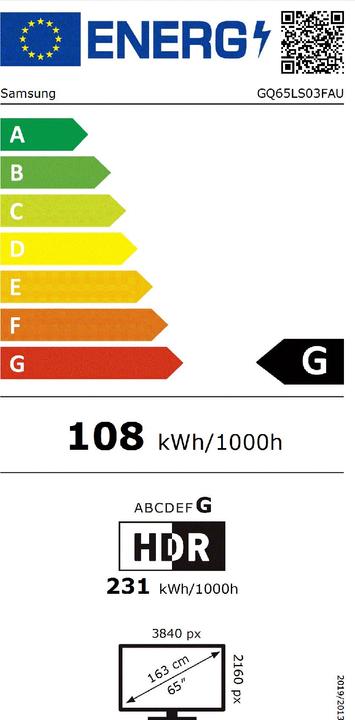 Label énergétique Samsung TV GQ65LS03FAUXZG (65", Le cadre, QLED, 4K, 2025)
